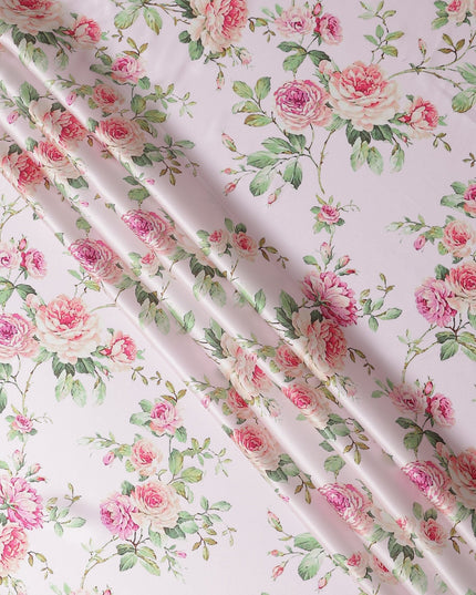 Blush Pink Floral Print Premium Pure Silk Satin Fabric, 110 Cms Width, Made in South Korea-D25937