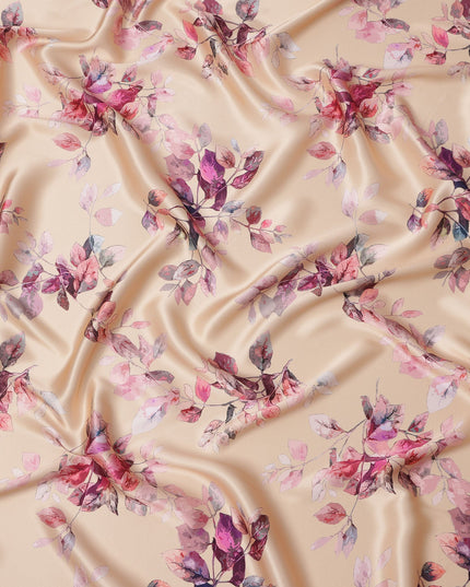 Beige Pink Leaf Print Premium Pure Silk Satin Fabric, 110 Cms Width, Made in South Korea-D25945