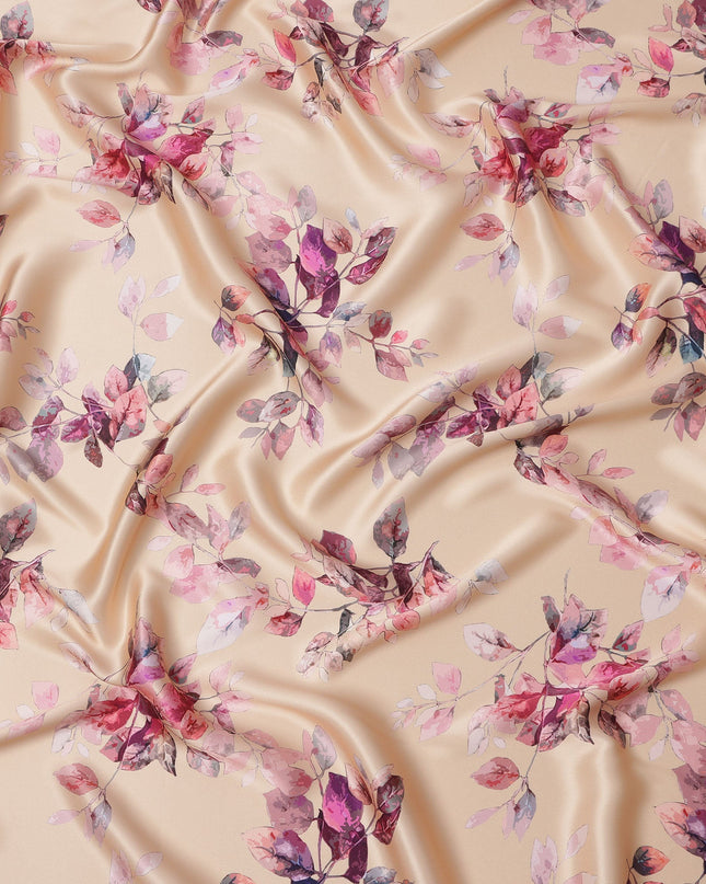 Beige Pink Leaf Print Premium Pure Silk Satin Fabric, 110 Cms Width, Made in South Korea-D25945