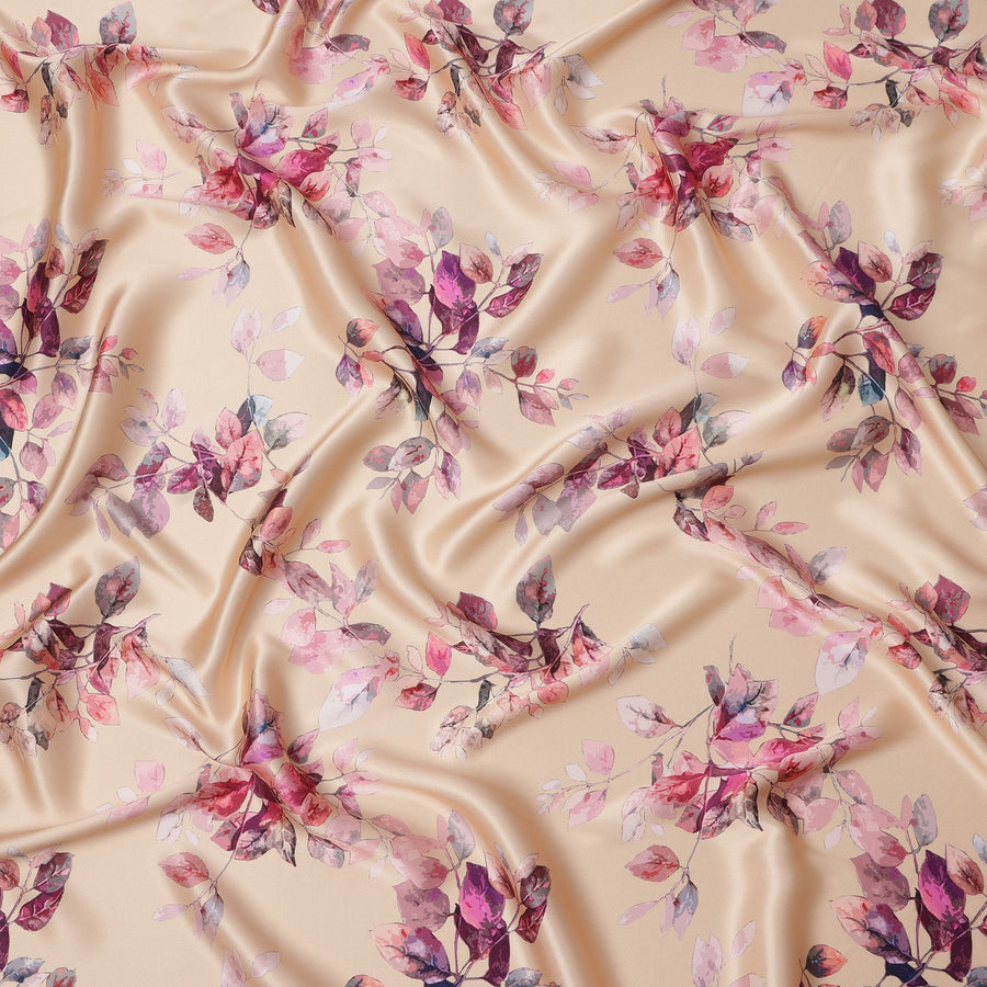 Beige Pink Leaf Print Premium Pure Silk Satin Fabric, 110 Cms Width, Made in South Korea-D25945