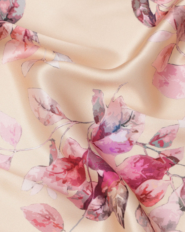 Beige Pink Leaf Print Premium Pure Silk Satin Fabric, 110 Cms Width, Made in South Korea-D25945