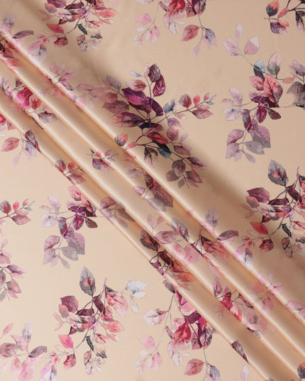 Beige Pink Leaf Print Premium Pure Silk Satin Fabric, 110 Cms Width, Made in South Korea-D25945