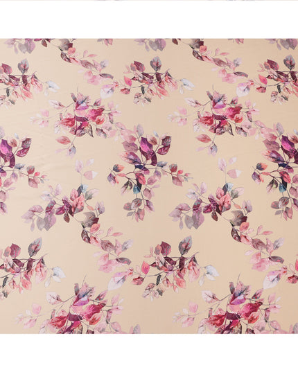 Beige Pink Leaf Print Premium Pure Silk Satin Fabric, 110 Cms Width, Made in South Korea-D25945