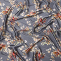 Grey Multicolor Leaf Print Premium Pure Silk Satin Fabric, 110 Cms Width, Made in South Korea-D25946
