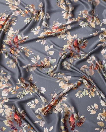 Grey Multicolor Leaf Print Premium Pure Silk Satin Fabric, 110 Cms Width, Made in South Korea-D25946