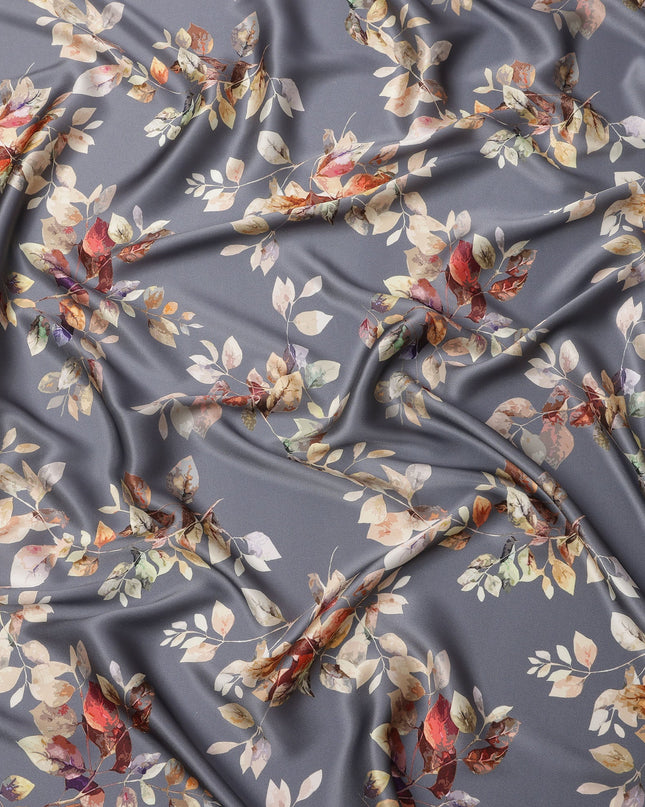 Grey Multicolor Leaf Print Premium Pure Silk Satin Fabric, 110 Cms Width, Made in South Korea-D25946