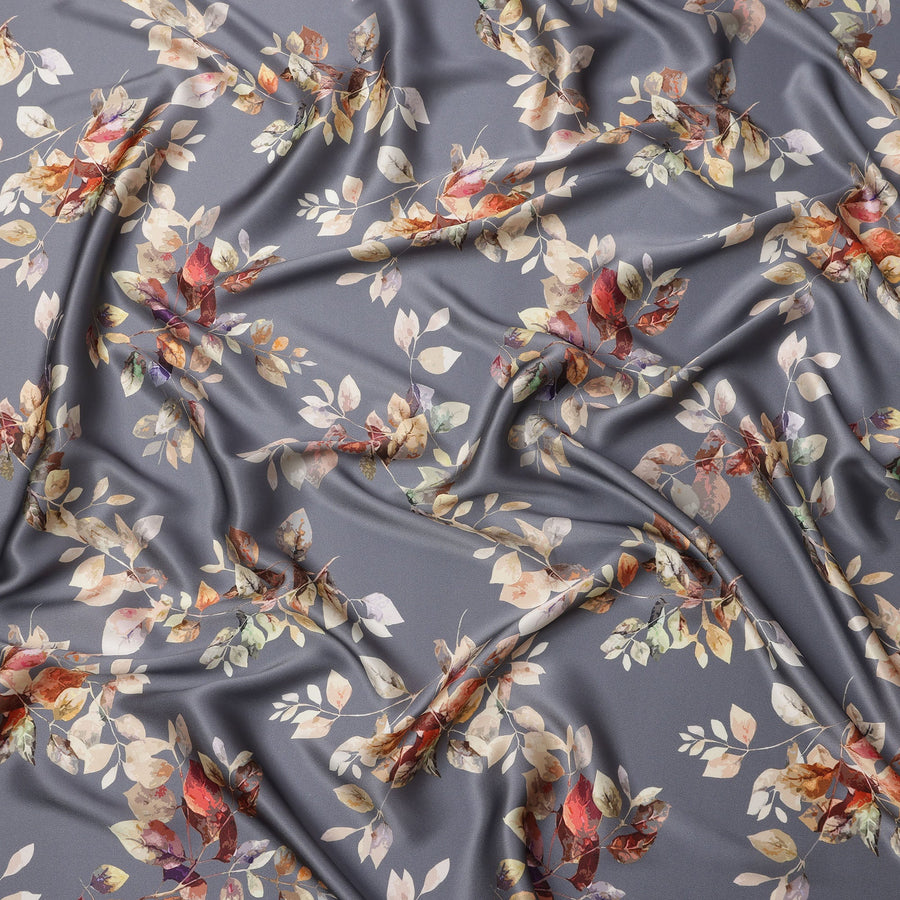 Grey Multicolor Leaf Print Premium Pure Silk Satin Fabric, 110 Cms Width, Made in South Korea-D25946