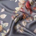 Grey Multicolor Leaf Print Premium Pure Silk Satin Fabric, 110 Cms Width, Made in South Korea-D25946