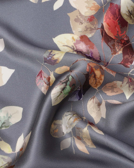 Grey Multicolor Leaf Print Premium Pure Silk Satin Fabric, 110 Cms Width, Made in South Korea-D25946