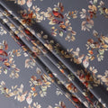 Grey Multicolor Leaf Print Premium Pure Silk Satin Fabric, 110 Cms Width, Made in South Korea-D25946