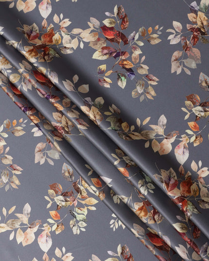 Grey Multicolor Leaf Print Premium Pure Silk Satin Fabric, 110 Cms Width, Made in South Korea-D25946