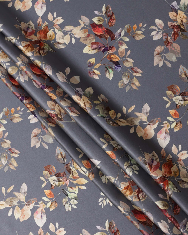 Grey Multicolor Leaf Print Premium Pure Silk Satin Fabric, 110 Cms Width, Made in South Korea-D25946
