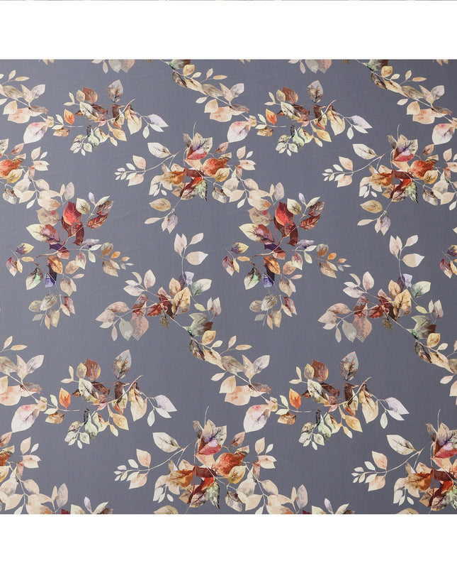 Grey Multicolor Leaf Print Premium Pure Silk Satin Fabric, 110 Cms Width, Made in South Korea-D25946