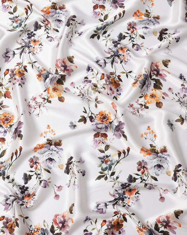 White Multicolor Floral Print Premium Pure Silk Satin Fabric, 110 Cms Width, Made in South Korea-D25940