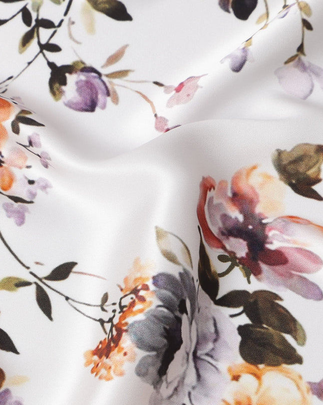 White Multicolor Floral Print Premium Pure Silk Satin Fabric, 110 Cms Width, Made in South Korea-D25940