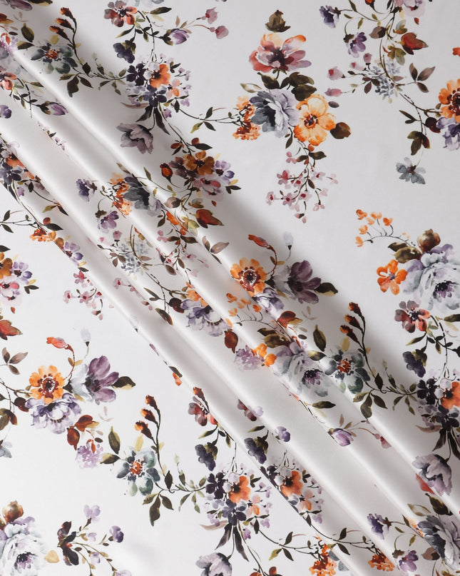 White Multicolor Floral Print Premium Pure Silk Satin Fabric, 110 Cms Width, Made in South Korea-D25940
