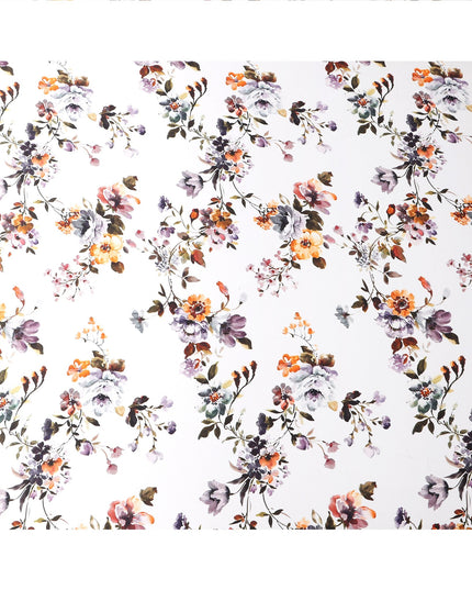 White Multicolor Floral Print Premium Pure Silk Satin Fabric, 110 Cms Width, Made in South Korea-D25940