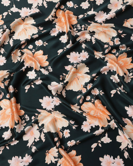 Black Peach Floral Print Premium Pure Silk Satin Fabric, 110 Cms Width, Made in South Korea-D25942