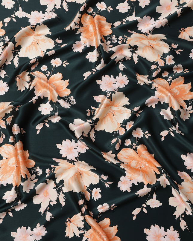 Black Peach Floral Print Premium Pure Silk Satin Fabric, 110 Cms Width, Made in South Korea-D25942
