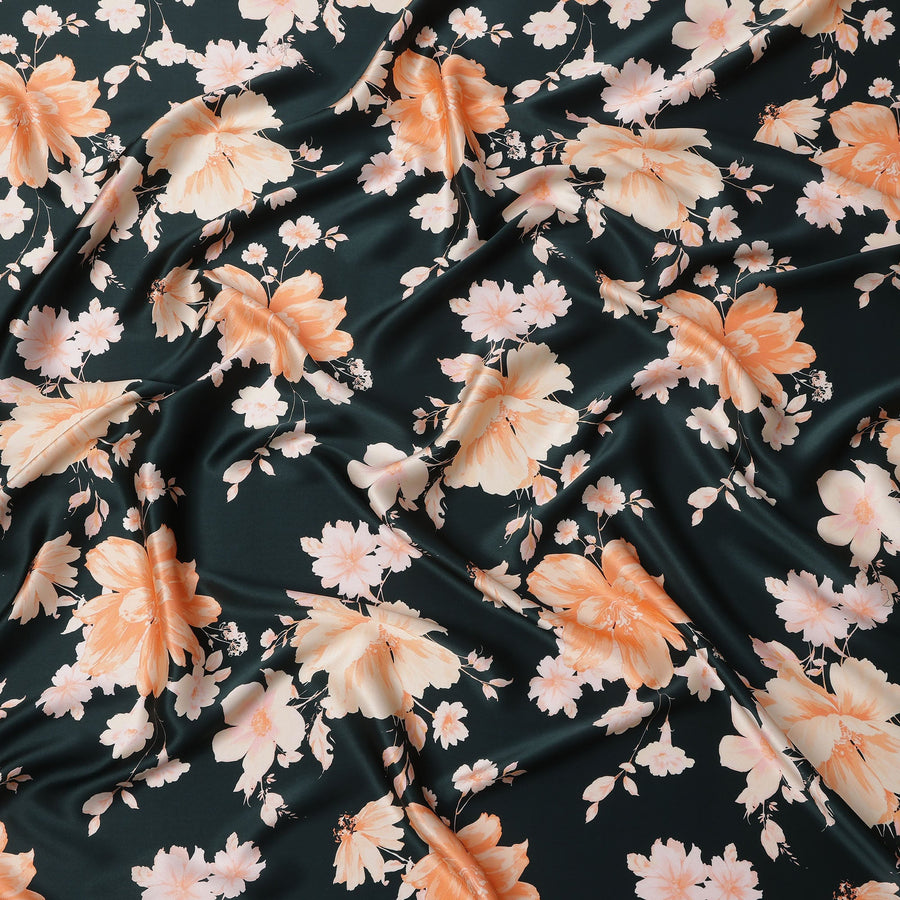 Black Peach Floral Print Premium Pure Silk Satin Fabric, 110 Cms Width, Made in South Korea-D25942
