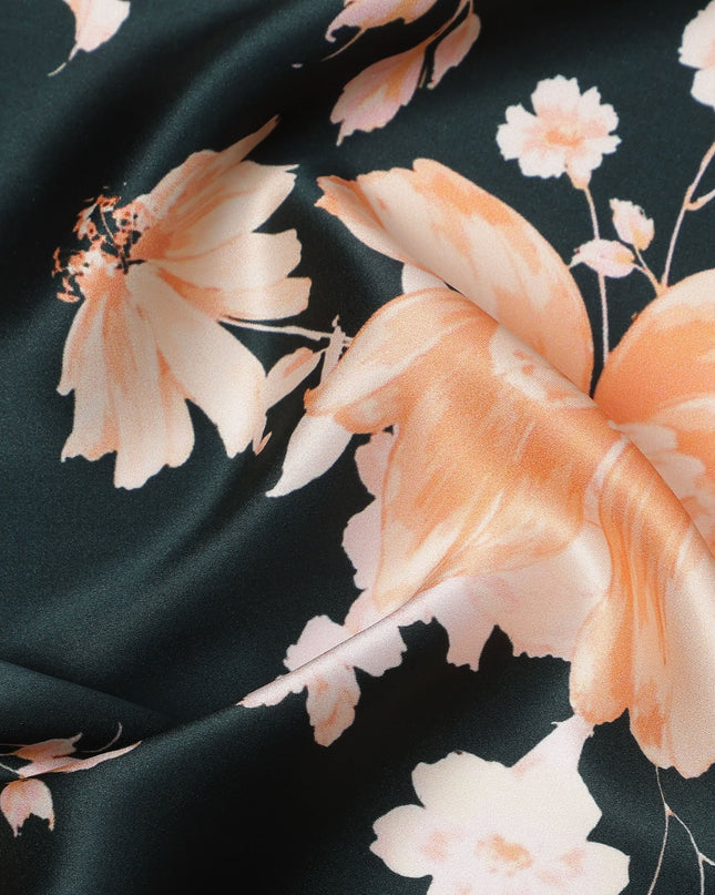 Black Peach Floral Print Premium Pure Silk Satin Fabric, 110 Cms Width, Made in South Korea-D25942