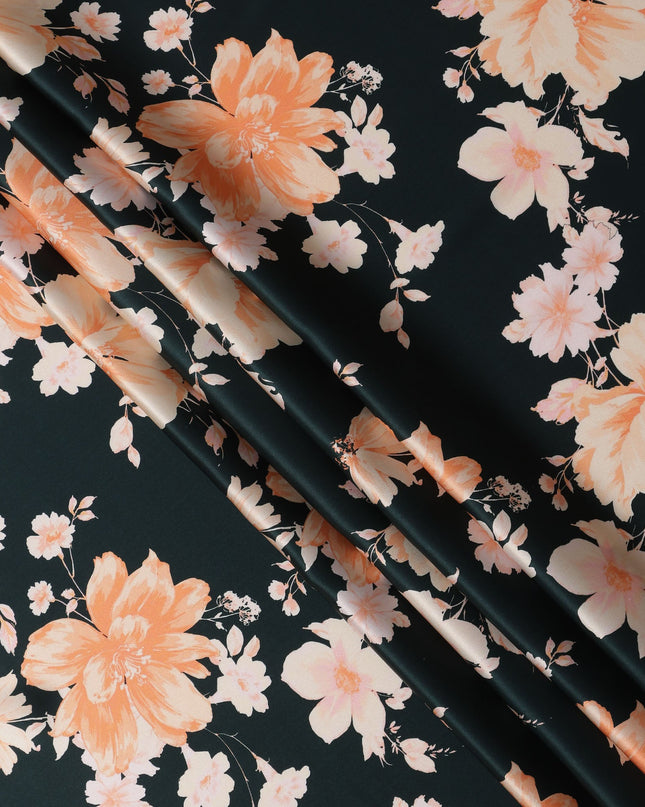 Black Peach Floral Print Premium Pure Silk Satin Fabric, 110 Cms Width, Made in South Korea-D25942