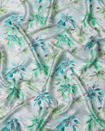 Sky Blue Green Floral Print Premium Pure Silk Satin Fabric, 110 Cms Width, Made in South Korea-D25944