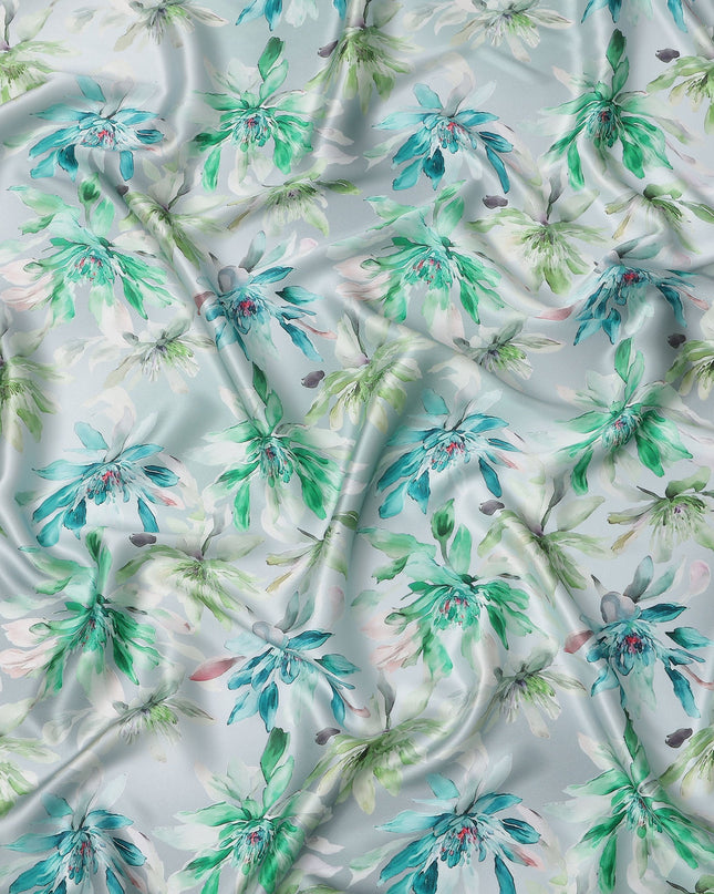 Sky Blue Green Floral Print Premium Pure Silk Satin Fabric, 110 Cms Width, Made in South Korea-D25944