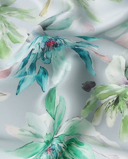 Sky Blue Green Floral Print Premium Pure Silk Satin Fabric, 110 Cms Width, Made in South Korea-D25944