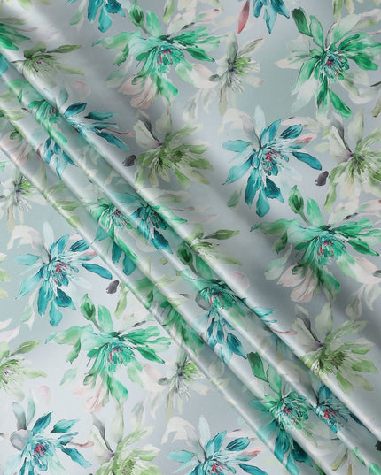 Sky Blue Green Floral Print Premium Pure Silk Satin Fabric, 110 Cms Width, Made in South Korea-D25944