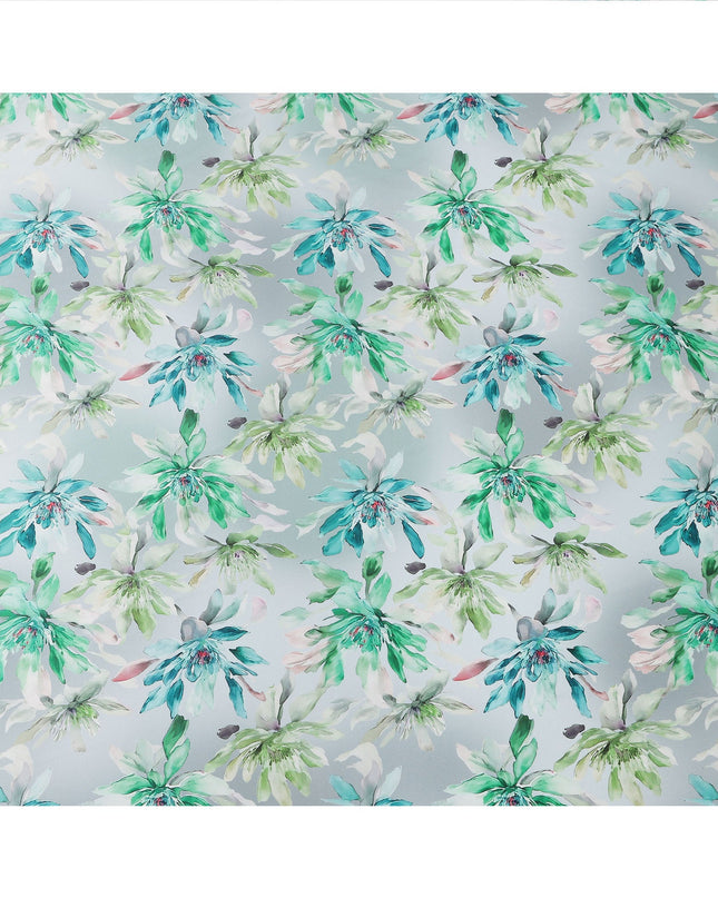 Sky Blue Green Floral Print Premium Pure Silk Satin Fabric, 110 Cms Width, Made in South Korea-D25944