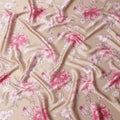 Beige Pink Floral Print Premium Pure Silk Satin Fabric, 110 Cms Width, Made in South Korea-D25941