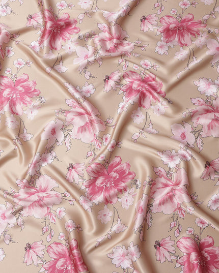 Beige Pink Floral Print Premium Pure Silk Satin Fabric, 110 Cms Width, Made in South Korea-D25941
