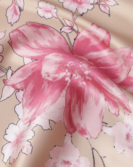 Beige Pink Floral Print Premium Pure Silk Satin Fabric, 110 Cms Width, Made in South Korea-D25941