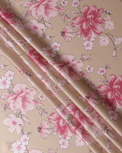 Beige Pink Floral Print Premium Pure Silk Satin Fabric, 110 Cms Width, Made in South Korea-D25941