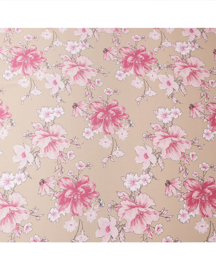 Beige Pink Floral Print Premium Pure Silk Satin Fabric, 110 Cms Width, Made in South Korea-D25941