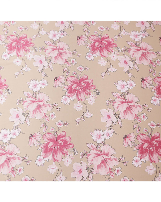 Beige Pink Floral Print Premium Pure Silk Satin Fabric, 110 Cms Width, Made in South Korea-D25941
