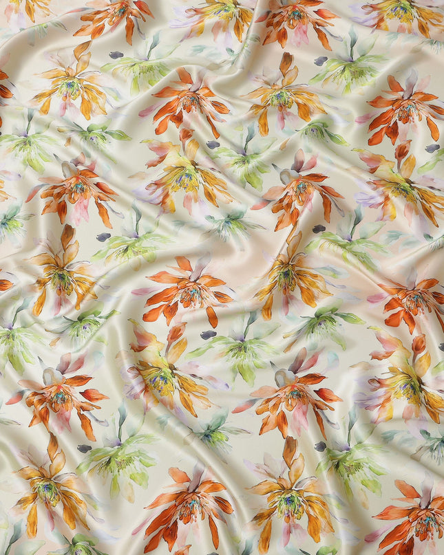 Cream Multicolor Floral Print Premium Pure Silk Satin Fabric, 110 Cms Width, Made in South Korea-D25943