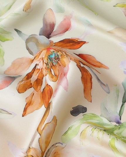 Cream Multicolor Floral Print Premium Pure Silk Satin Fabric, 110 Cms Width, Made in South Korea-D25943