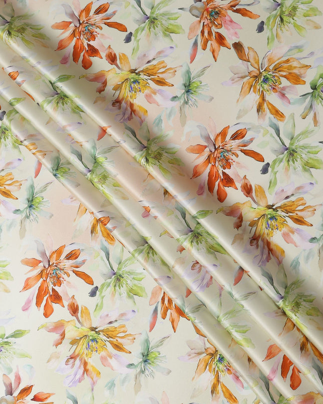 Cream Multicolor Floral Print Premium Pure Silk Satin Fabric, 110 Cms Width, Made in South Korea-D25943