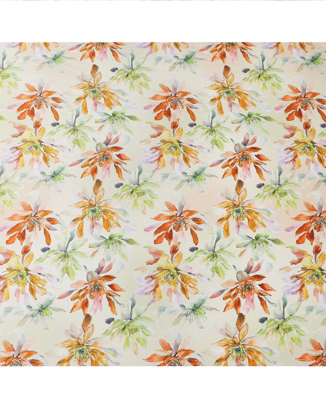 Cream Multicolor Floral Print Premium Pure Silk Satin Fabric, 110 Cms Width, Made in South Korea-D25943