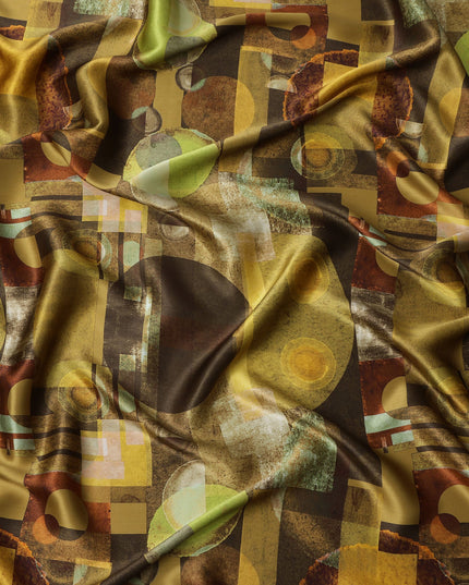 Brown Yellow Geometric Print Premium Pure Silk Satin Fabric, 110 Cms Width, Made in South Korea-D25948