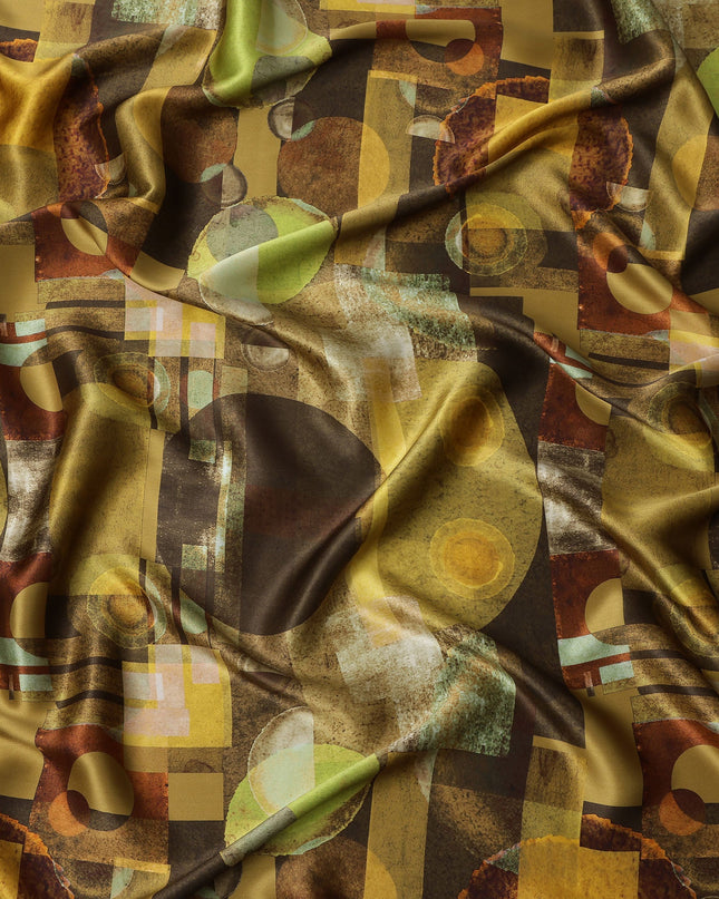 Brown Yellow Geometric Print Premium Pure Silk Satin Fabric, 110 Cms Width, Made in South Korea-D25948