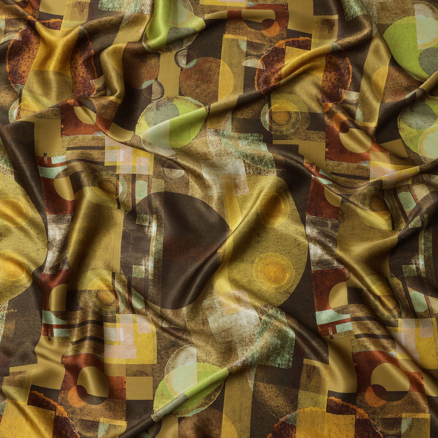 Brown Yellow Geometric Print Premium Pure Silk Satin Fabric, 110 Cms Width, Made in South Korea-D25948