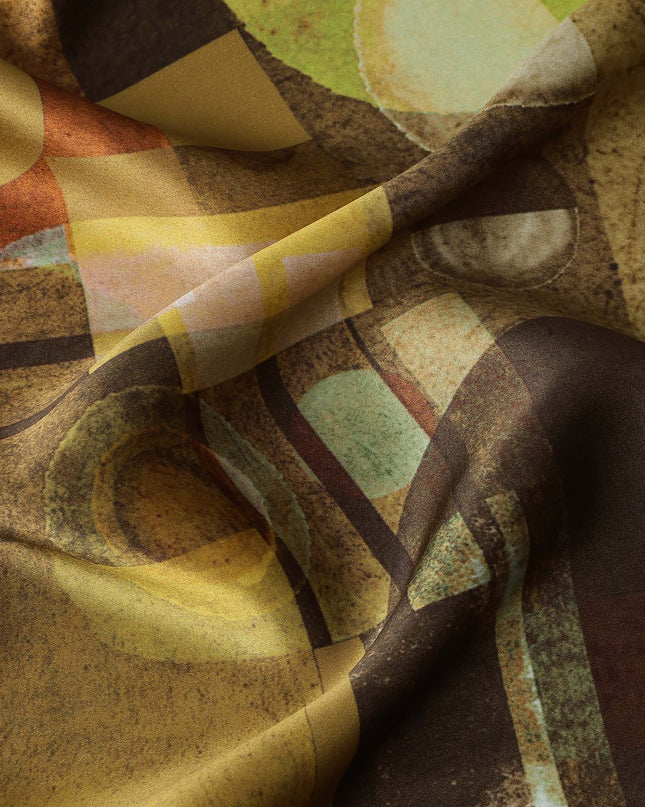 Brown Yellow Geometric Print Premium Pure Silk Satin Fabric, 110 Cms Width, Made in South Korea-D25948