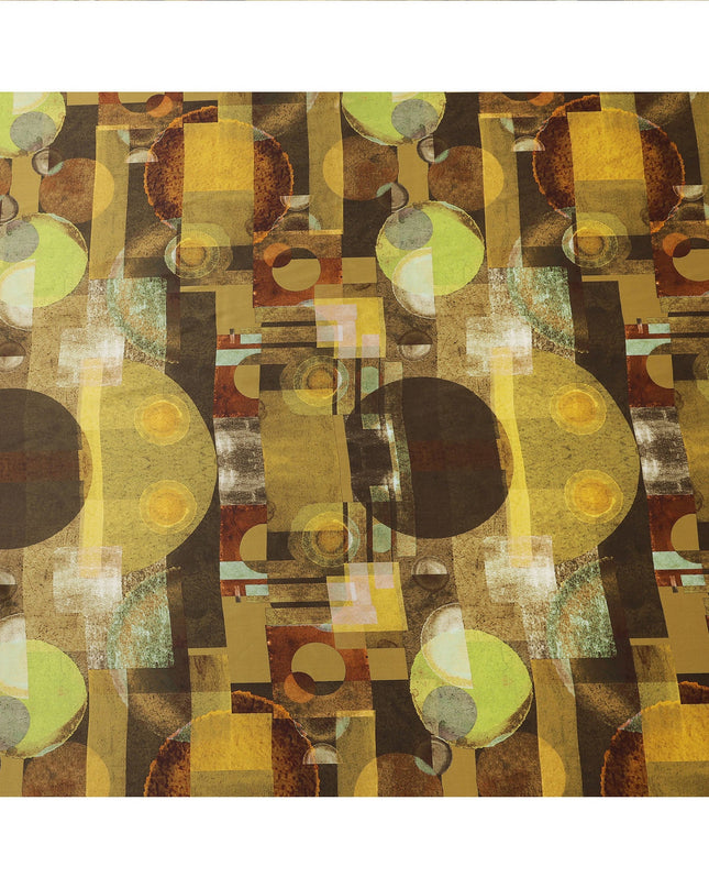Brown Yellow Geometric Print Premium Pure Silk Satin Fabric, 110 Cms Width, Made in South Korea-D25948