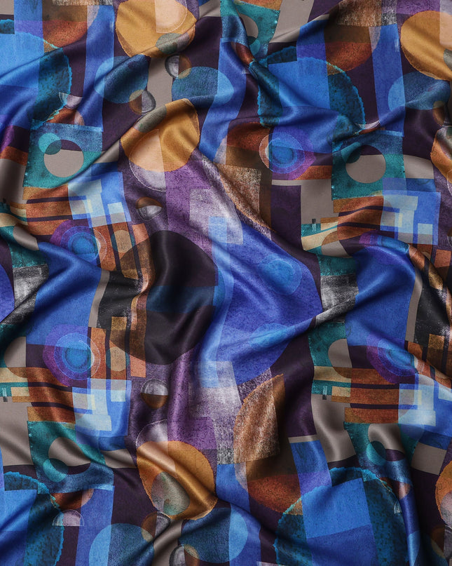 Blue Multicolor Geometric Print Premium Pure Silk Satin Fabric, 110 Cms Width, Made in South Korea-D25947