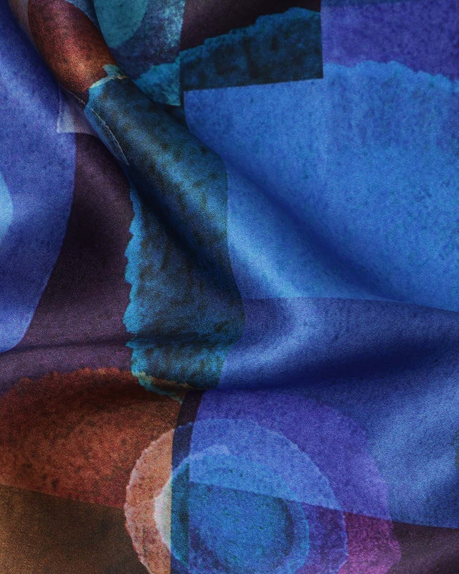 Blue Multicolor Geometric Print Premium Pure Silk Satin Fabric, 110 Cms Width, Made in South Korea-D25947