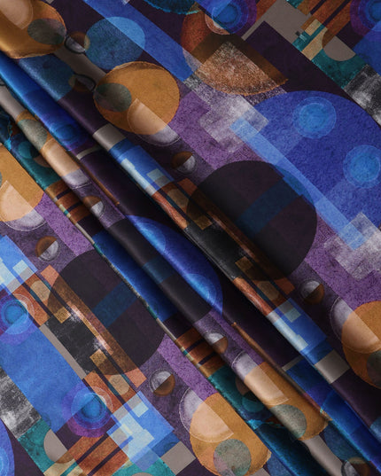 Blue Multicolor Geometric Print Premium Pure Silk Satin Fabric, 110 Cms Width, Made in South Korea-D25947