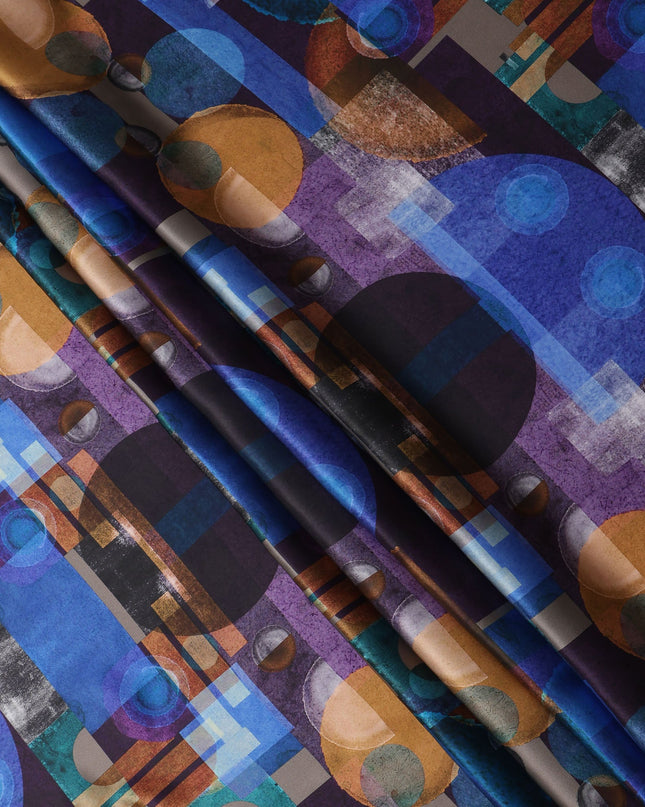 Blue Multicolor Geometric Print Premium Pure Silk Satin Fabric, 110 Cms Width, Made in South Korea-D25947